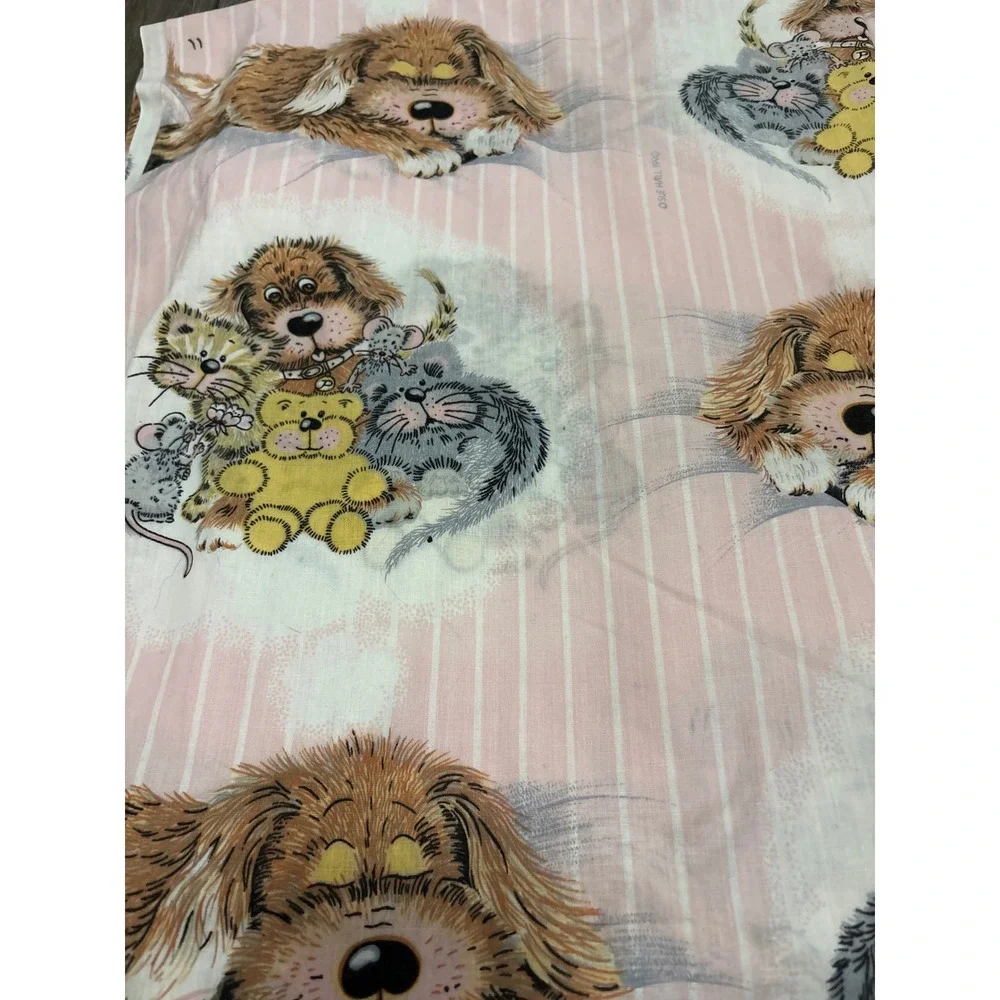 Vintage Sue Hall 1990 Bed Sheets Set Pink Striped Dog Cat Mouse Teddy Bear Print